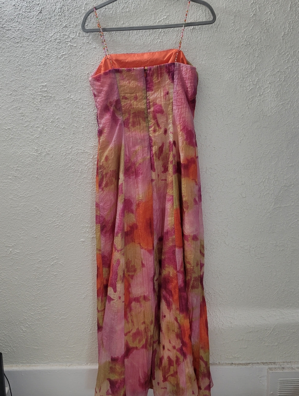 Maggy London Sz 10 Long Maxi Dress Beaded Straps Pink & Orange Crinkle Chiffon - Picture 4 of 8